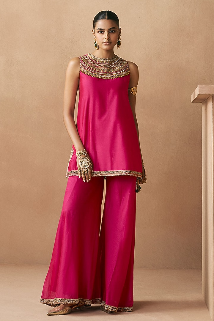 Magenta Silk Chanderi Party Wear Sharara Set by Sureena Chowdhri at Pernia's Pop Up Shop