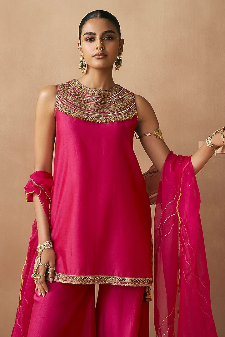 Magenta Silk Chanderi Party Wear Sharara Set by Sureena Chowdhri at Pernia's Pop Up Shop