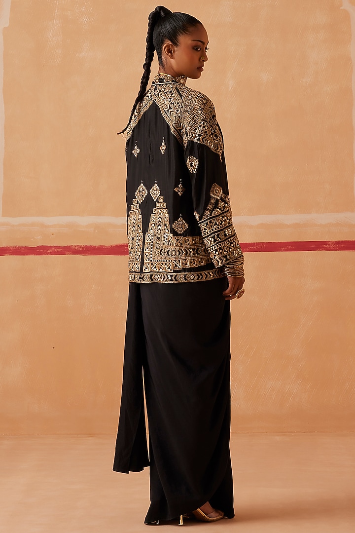 Black Habutai Silk Draped Reception Saree Set by Sureena Chowdhri at Pernia's Pop Up Shop