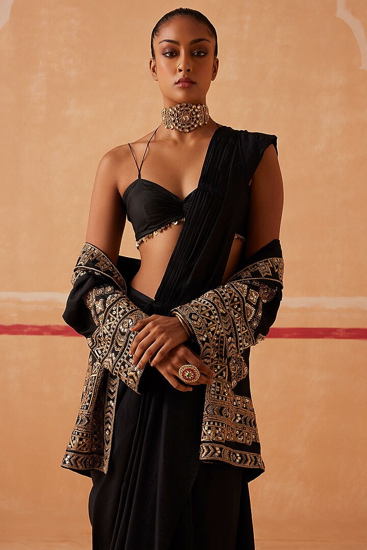 Black Habutai Silk Draped Reception Saree Set by Sureena Chowdhri at Pernia's Pop Up Shop