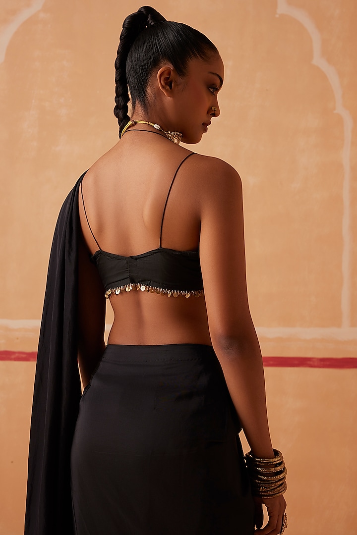 Black Habutai Silk Draped Reception Saree Set by Sureena Chowdhri at Pernia's Pop Up Shop