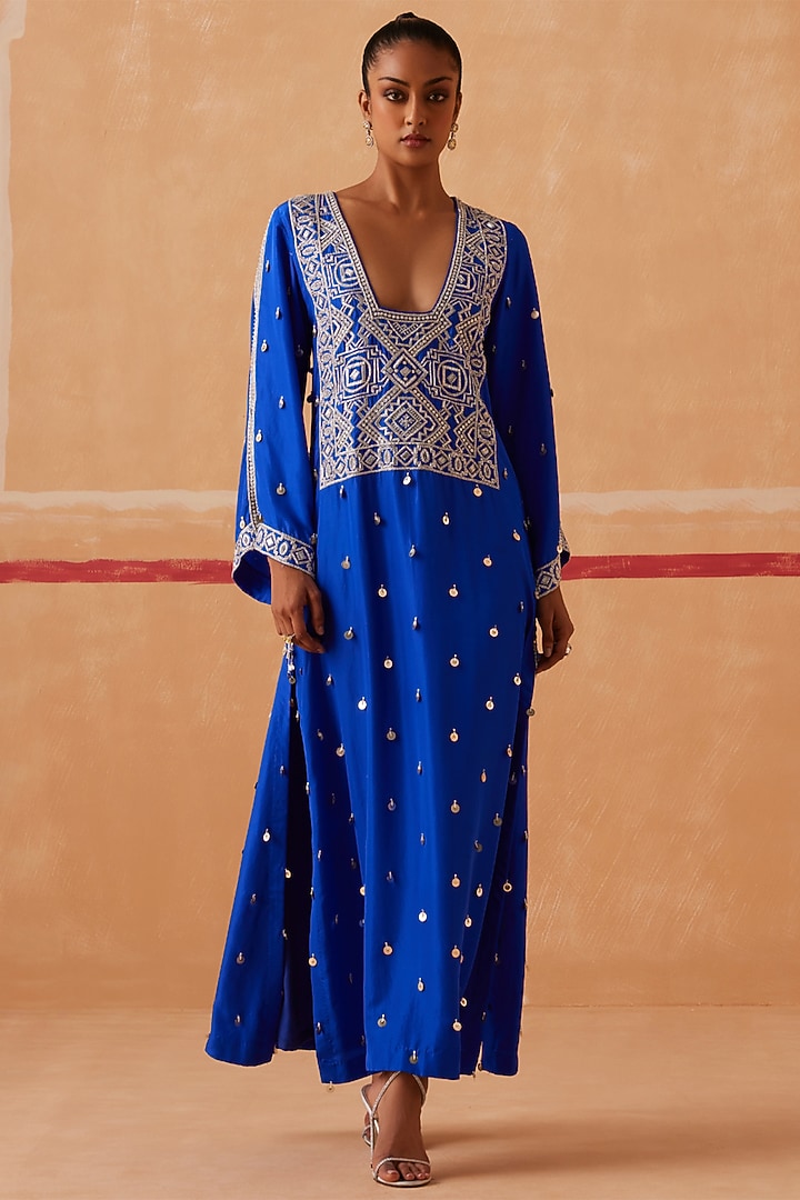 Ink Blue Habutai Silk Kaftan by Sureena Chowdhri at Pernia's Pop Up Shop