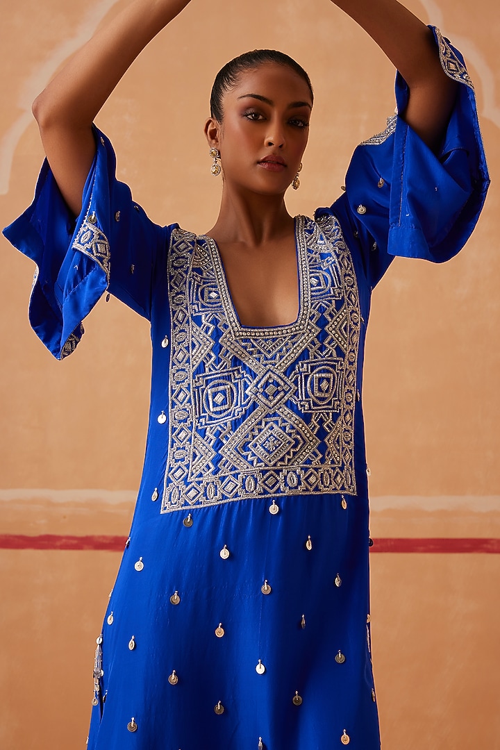 Ink Blue Habutai Silk Kaftan by Sureena Chowdhri at Pernia's Pop Up Shop