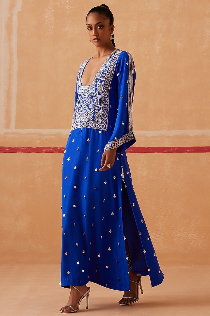 Ink Blue Habutai Silk Kaftan by Sureena Chowdhri at Pernia's Pop Up Shop