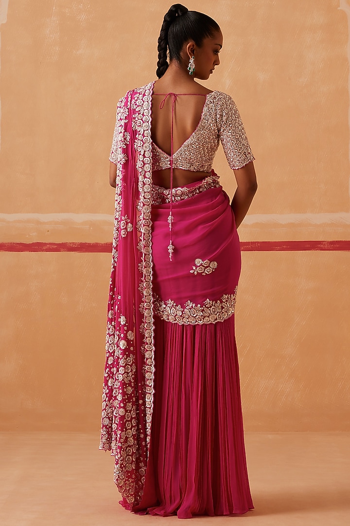 Fuchsia Georgette Hand Embroidered Pre-Stitched Draped Wedding Saree Set by Sureena Chowdhri at Pernia's Pop Up Shop