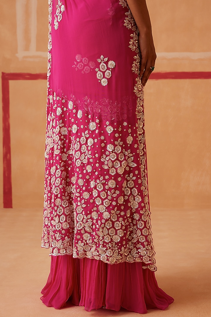 Fuchsia Georgette Hand Embroidered Pre-Stitched Draped Wedding Saree Set by Sureena Chowdhri at Pernia's Pop Up Shop