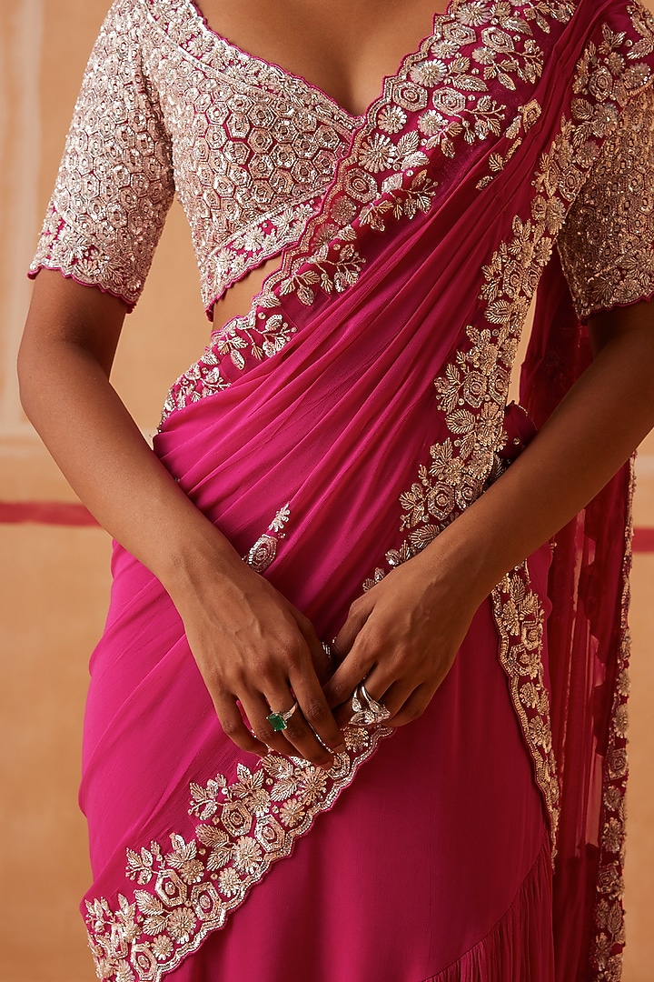 Fuchsia Georgette Hand Embroidered Pre-Stitched Draped Wedding Saree Set by Sureena Chowdhri at Pernia's Pop Up Shop