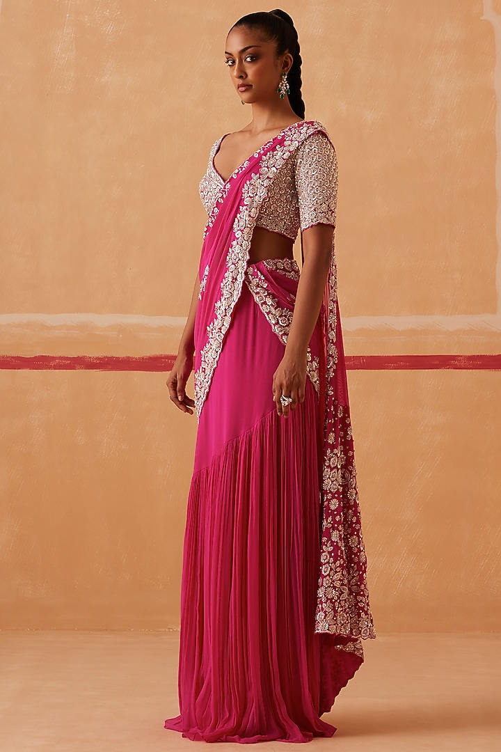 Fuchsia Georgette Hand Embroidered Pre-Stitched Draped Wedding Saree Set by Sureena Chowdhri at Pernia's Pop Up Shop