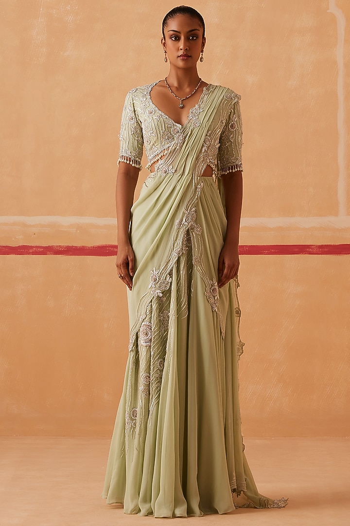 Sea Green Georgette Sequins Embroidered Draped Wedding Saree Set by Sureena Chowdhri at Pernia's Pop Up Shop