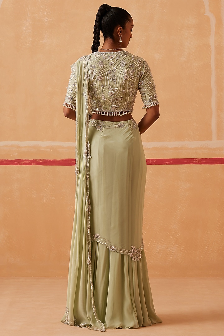 Sea Green Georgette Sequins Embroidered Draped Wedding Saree Set by Sureena Chowdhri at Pernia's Pop Up Shop