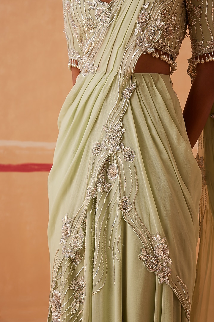 Sea Green Georgette Sequins Embroidered Draped Wedding Saree Set by Sureena Chowdhri at Pernia's Pop Up Shop