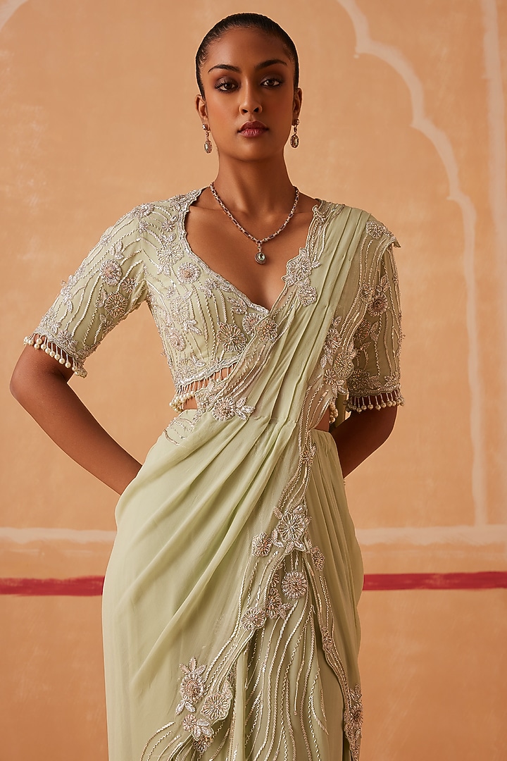 Sea Green Georgette Sequins Embroidered Draped Wedding Saree Set by Sureena Chowdhri at Pernia's Pop Up Shop