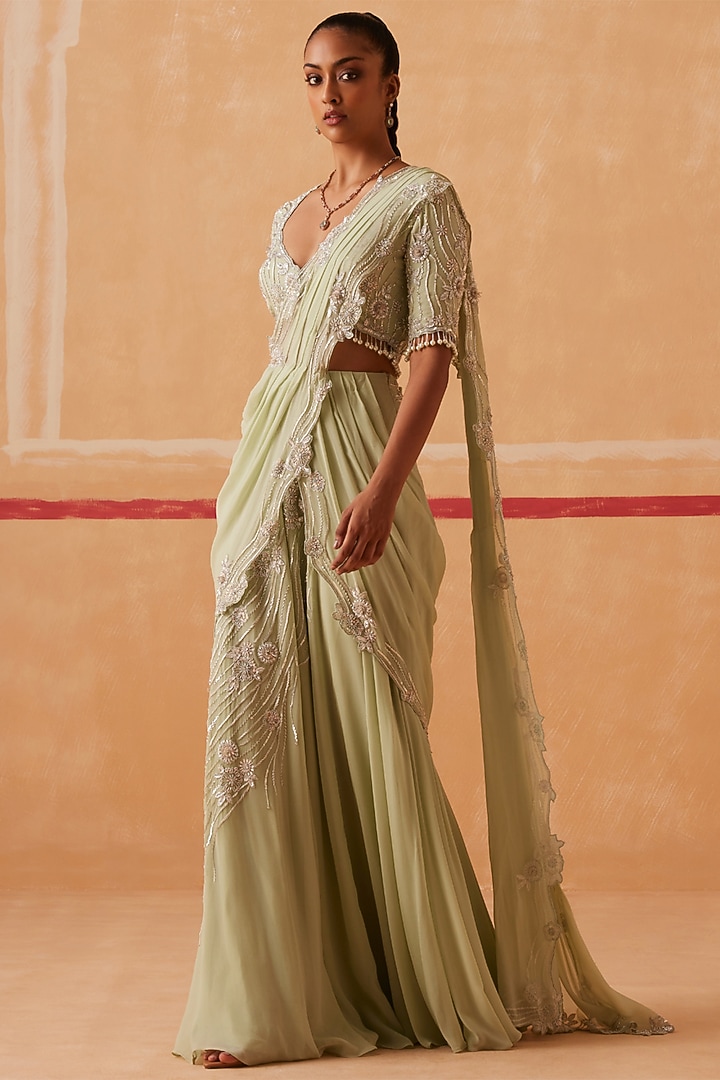Sea Green Georgette Sequins Embroidered Draped Wedding Saree Set by Sureena Chowdhri at Pernia's Pop Up Shop