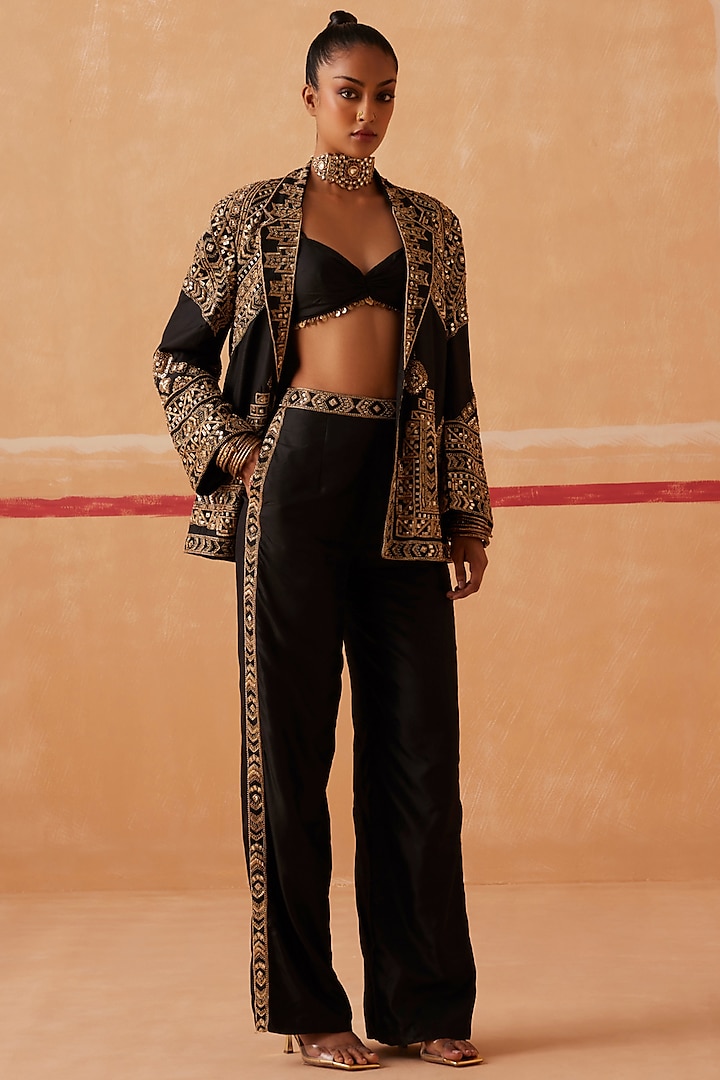 Black Hand Embroidered Jacket Set by Sureena Chowdhri at Pernia's Pop Up Shop