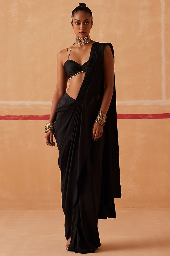 Black Habutai Silk Draped Wedding Saree Set by Sureena Chowdhri at Pernia's Pop Up Shop