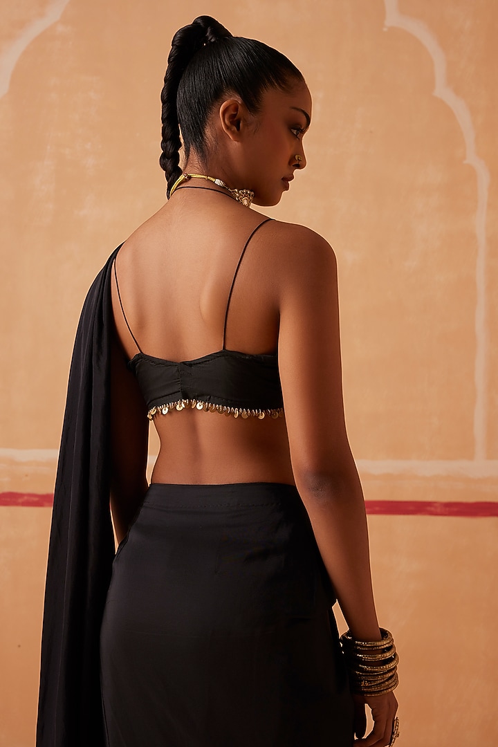 Black Habutai Silk Draped Wedding Saree Set by Sureena Chowdhri at Pernia's Pop Up Shop