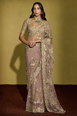 Lilac Net Kiran Dori & Gota Embroidered Saree Set by Sureena Chowdhri