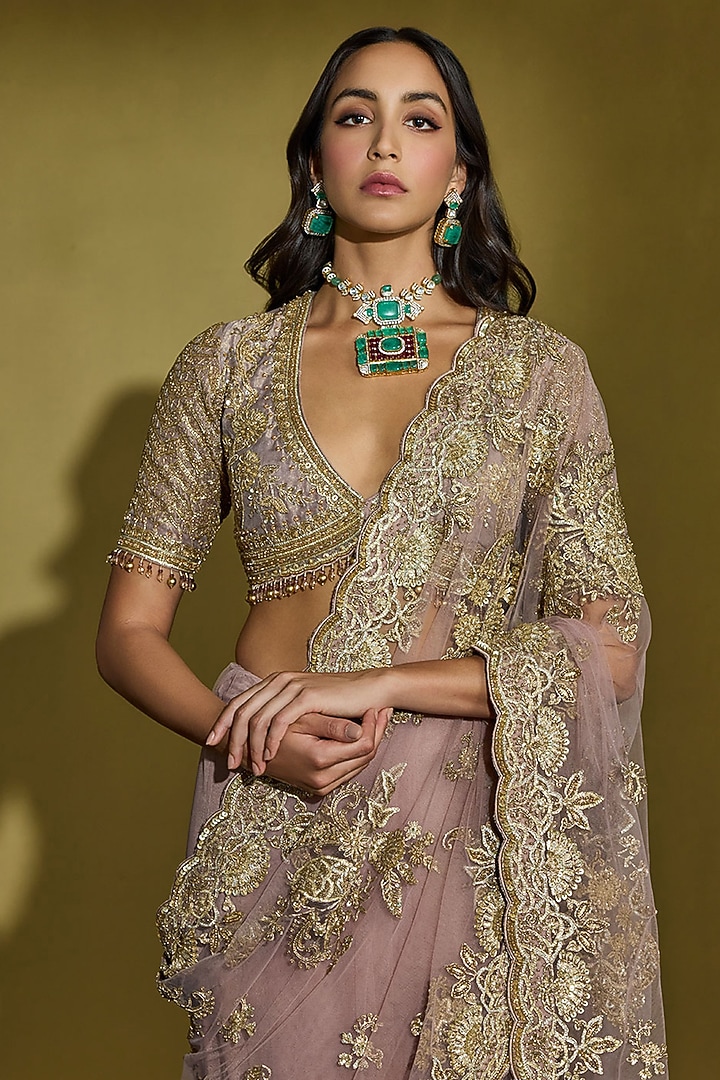 Lilac Net Kiran Dori & Gota Embroidered Reception Saree Set by Sureena Chowdhri at Pernia's Pop Up Shop