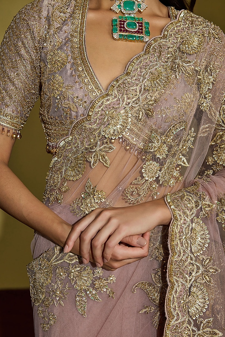 Lilac Net Kiran Dori & Gota Embroidered Reception Saree Set by Sureena Chowdhri at Pernia's Pop Up Shop