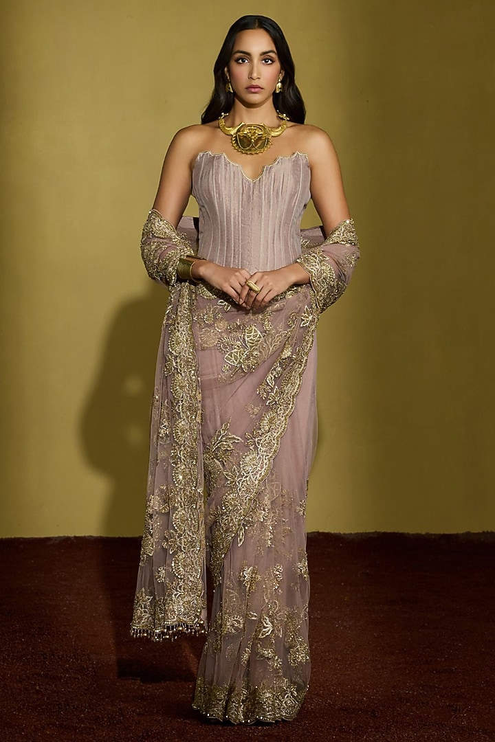 Lilac Net Kiran Dori & Floral Motif Embroidered Reception Saree Set by Sureena Chowdhri at Pernia's Pop Up Shop