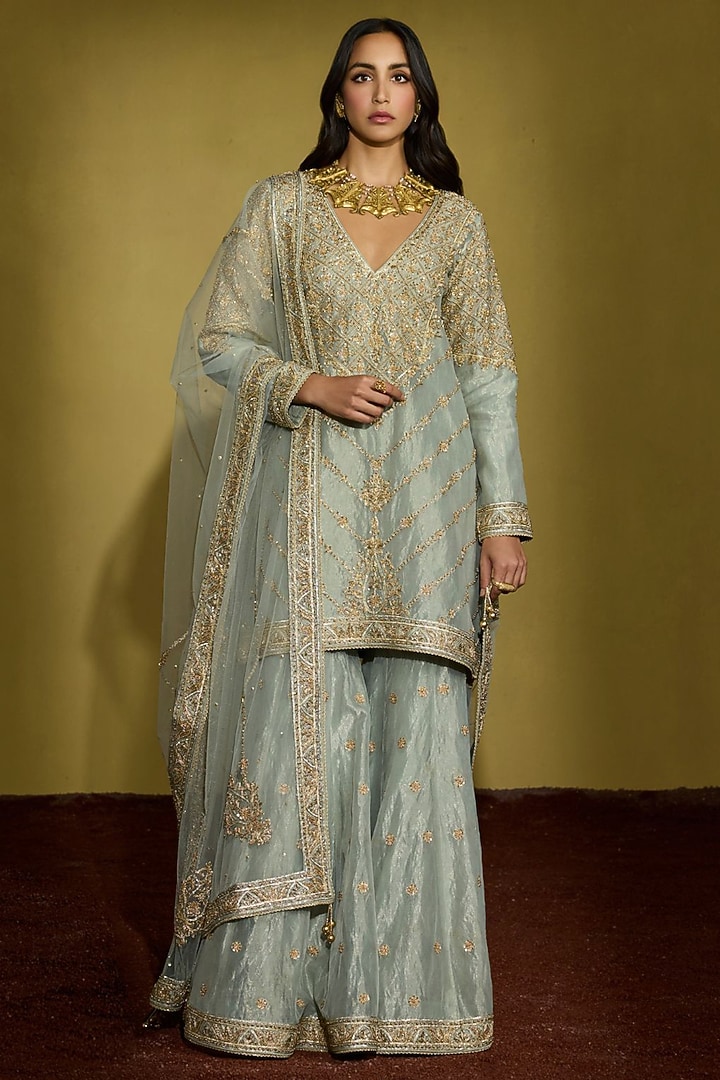 Sage Green Tissue Silk Hand Embellished Gharara Set by Sureena Chowdhri at Pernia's Pop Up Shop