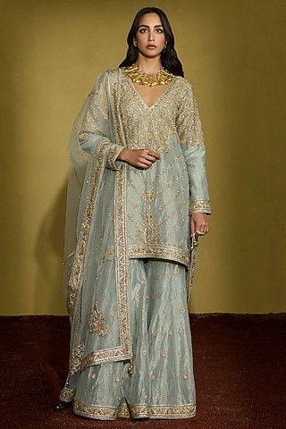 Sage Green Tissue Silk Hand Embellished Gharara Set by Sureena Chowdhri