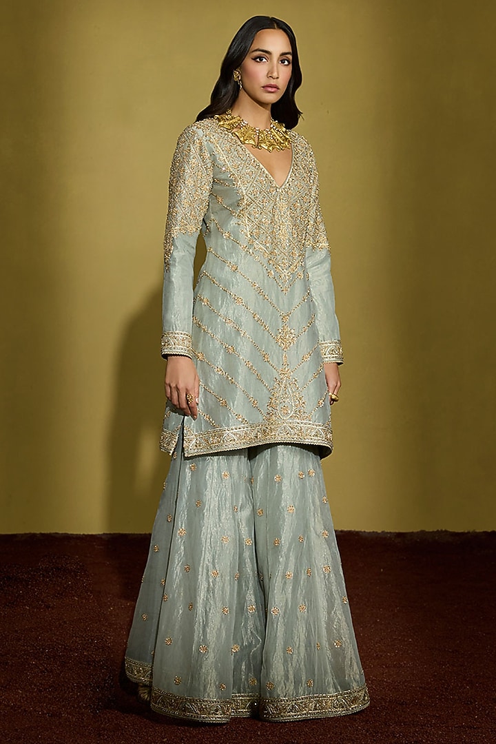 Sage Green Tissue Silk Hand Embellished Gharara Set by Sureena Chowdhri at Pernia's Pop Up Shop