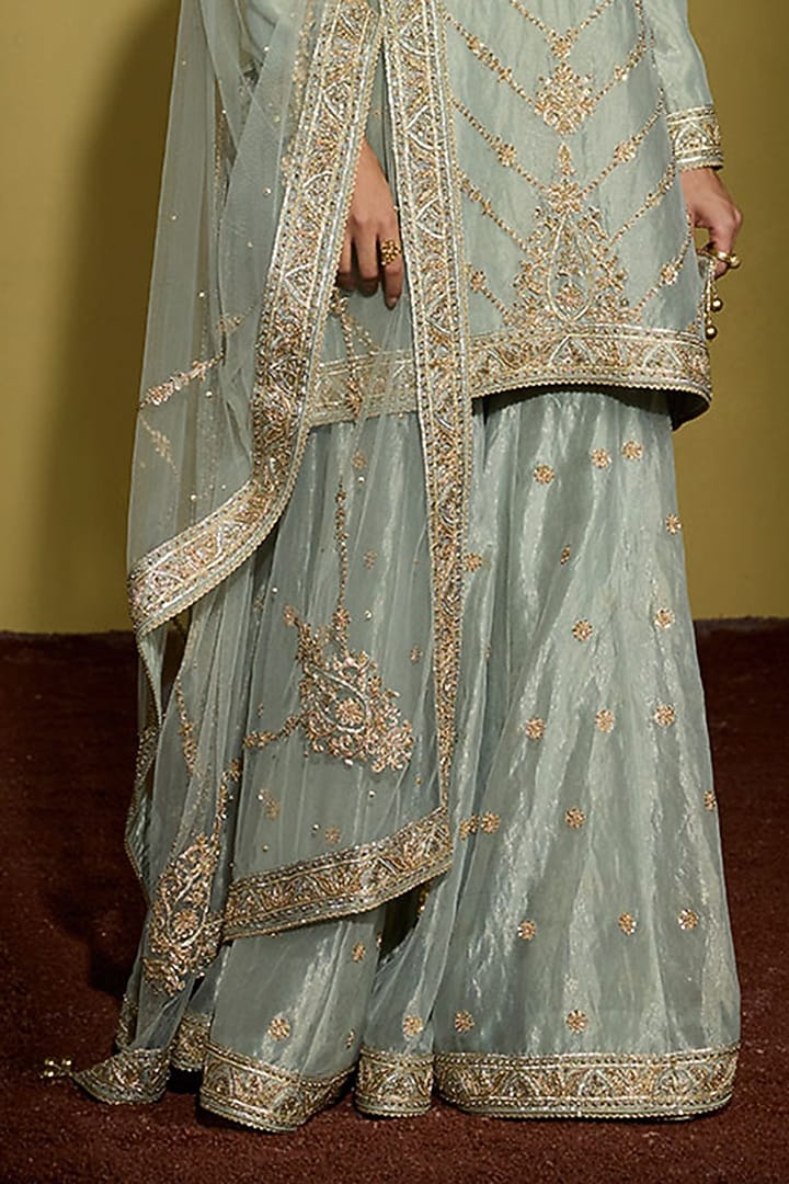 Sage Green Tissue Silk Hand Embellished Gharara Set by Sureena Chowdhri at Pernia's Pop Up Shop