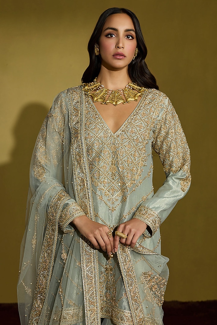 Sage Green Tissue Silk Hand Embellished Gharara Set by Sureena Chowdhri at Pernia's Pop Up Shop