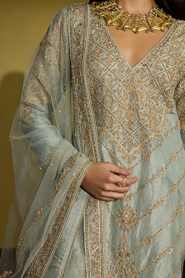 Sage Green Tissue Silk Hand Embellished Gharara Set by Sureena Chowdhri at Pernia's Pop Up Shop