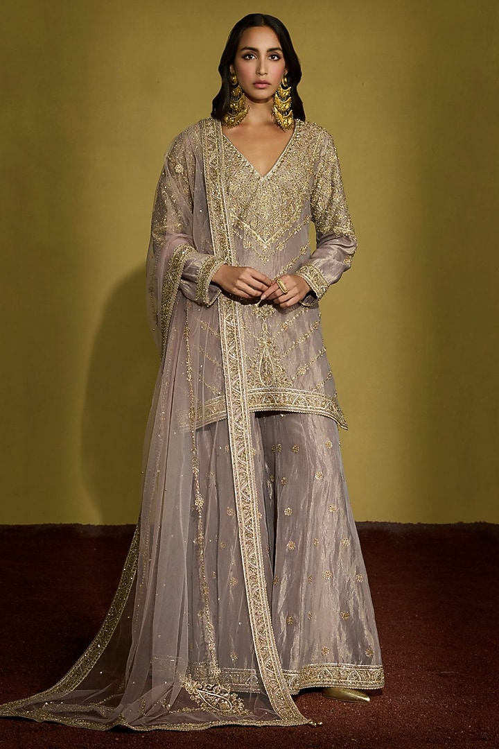 Lilac Gold Tissue Silk Hand Work Gharara Set by Sureena Chowdhri at Pernia's Pop Up Shop