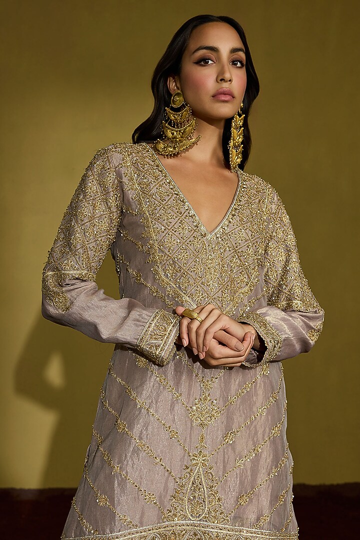 Lilac Gold Tissue Silk Hand Work Gharara Set by Sureena Chowdhri at Pernia's Pop Up Shop