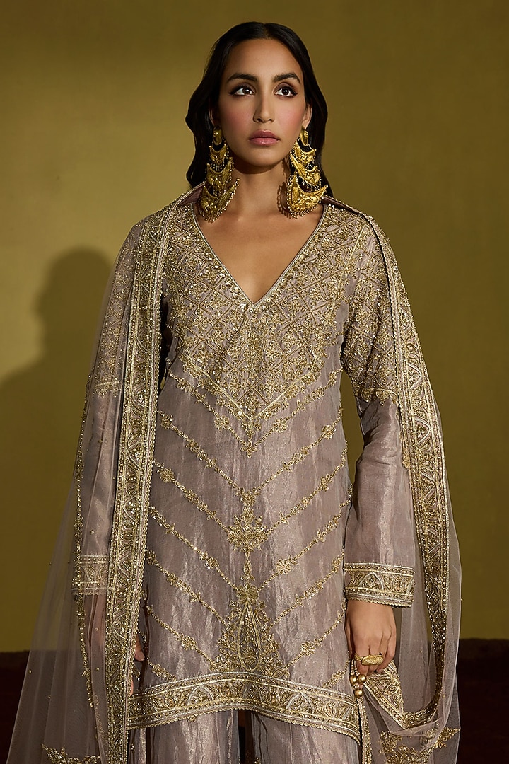 Lilac Gold Tissue Silk Hand Work Gharara Set by Sureena Chowdhri at Pernia's Pop Up Shop
