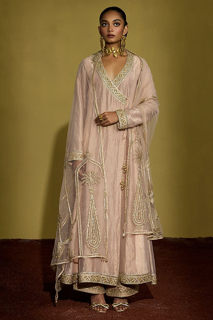 Peach Gold Tissue Silk Handwork Angrakha Kurta Set by Sureena Chowdhri at Pernia's Pop Up Shop