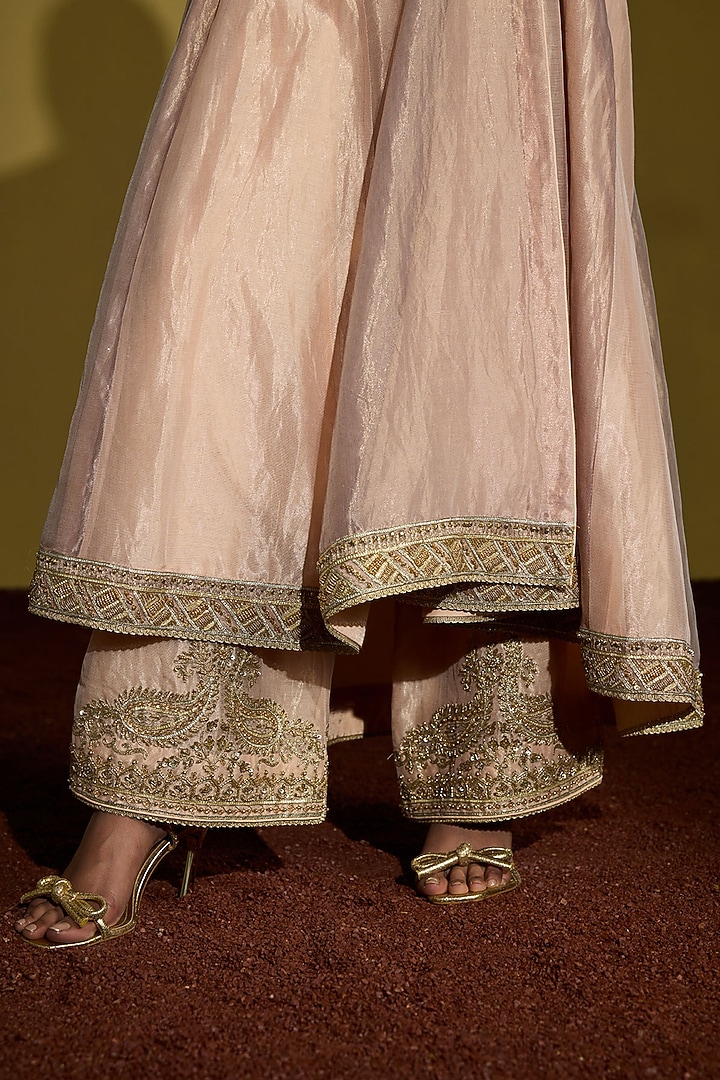 Peach Gold Tissue Silk Handwork Angrakha Kurta Set by Sureena Chowdhri at Pernia's Pop Up Shop