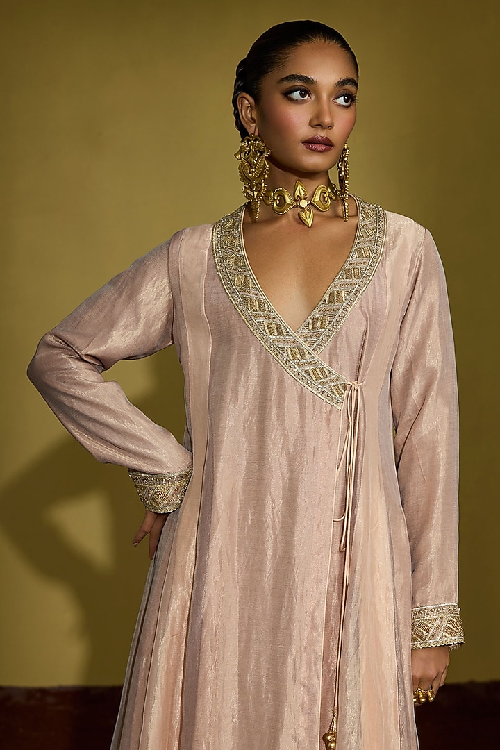 Peach Gold Tissue Silk Handwork Angrakha Kurta Set by Sureena Chowdhri at Pernia's Pop Up Shop