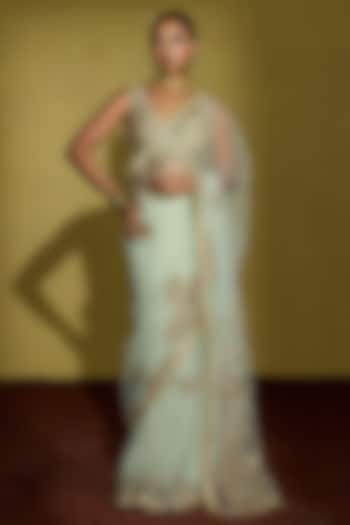 Sage Green Net Hand Embroidered Wedding Saree Set by Sureena Chowdhri at Pernia's Pop Up Shop