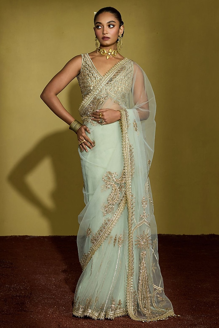 Sage Green Net Hand Embroidered Wedding Saree Set by Sureena Chowdhri at Pernia's Pop Up Shop