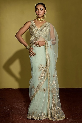 Sage Green Net Hand Embroidered Saree Set by Sureena Chowdhri