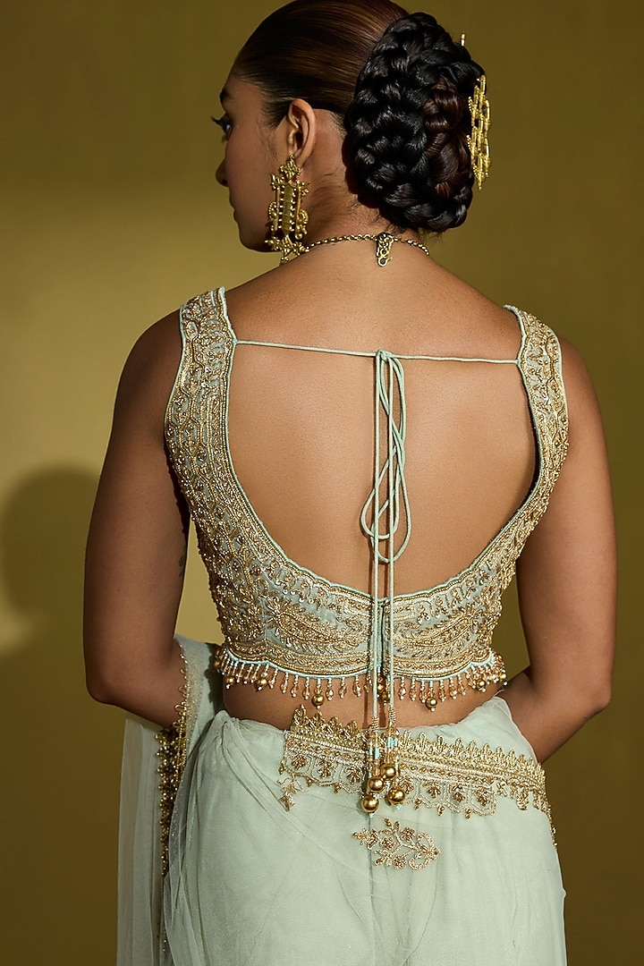 Sage Green Net Hand Embroidered Wedding Saree Set by Sureena Chowdhri at Pernia's Pop Up Shop