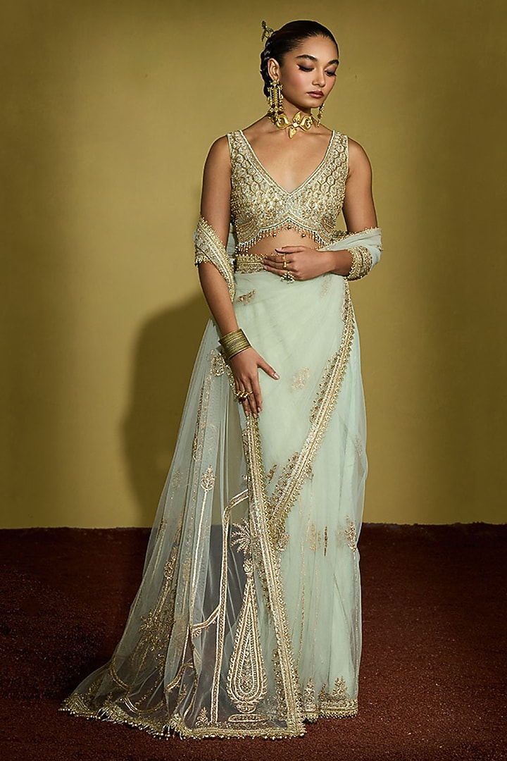 Sage Green Net Hand Embroidered Wedding Saree Set by Sureena Chowdhri at Pernia's Pop Up Shop