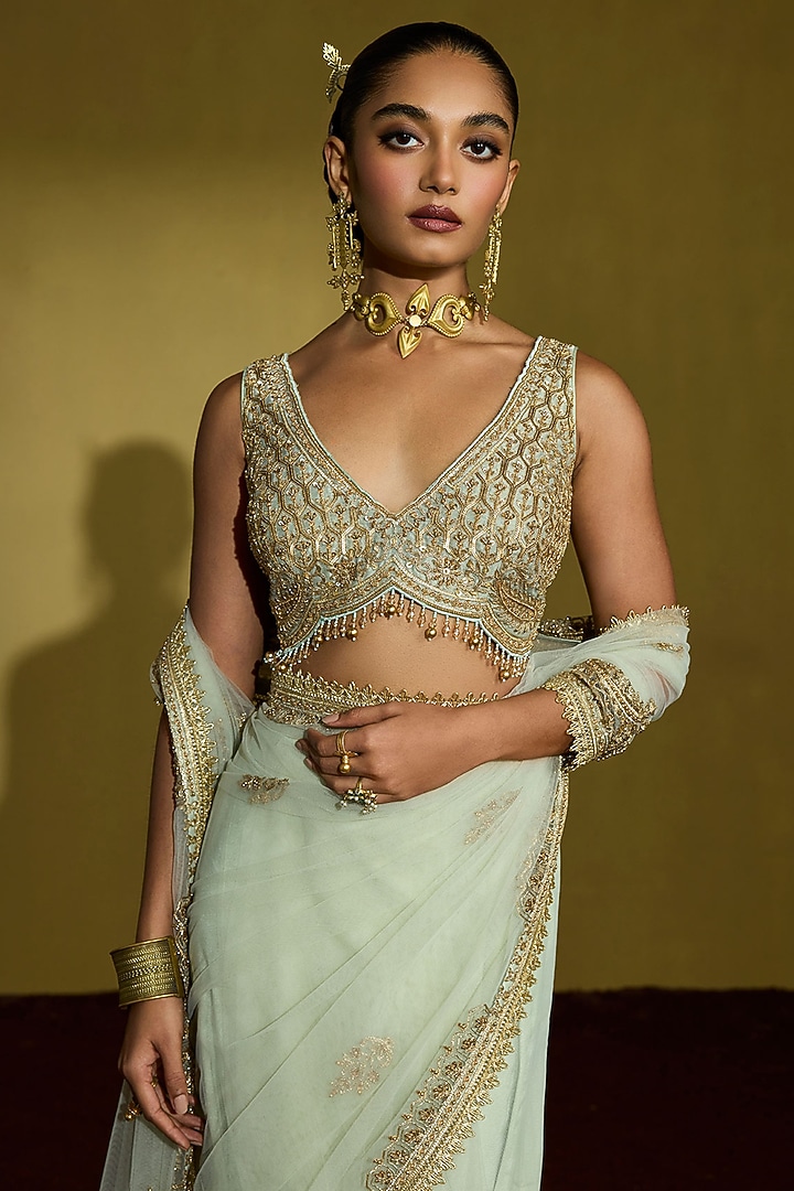 Sage Green Net Hand Embroidered Wedding Saree Set by Sureena Chowdhri at Pernia's Pop Up Shop