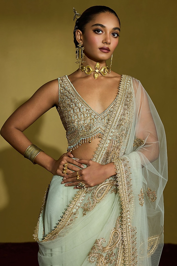 Sage Green Net Hand Embroidered Wedding Saree Set by Sureena Chowdhri at Pernia's Pop Up Shop