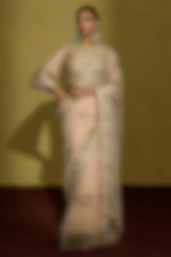 Peach Gold Gossamer Net Embroidered Reception Saree Set by Sureena Chowdhri at Pernia's Pop Up Shop