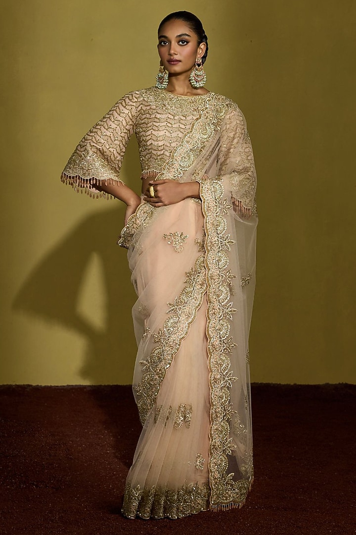 Peach Gold Gossamer Net Embroidered Reception Saree Set by Sureena Chowdhri at Pernia's Pop Up Shop