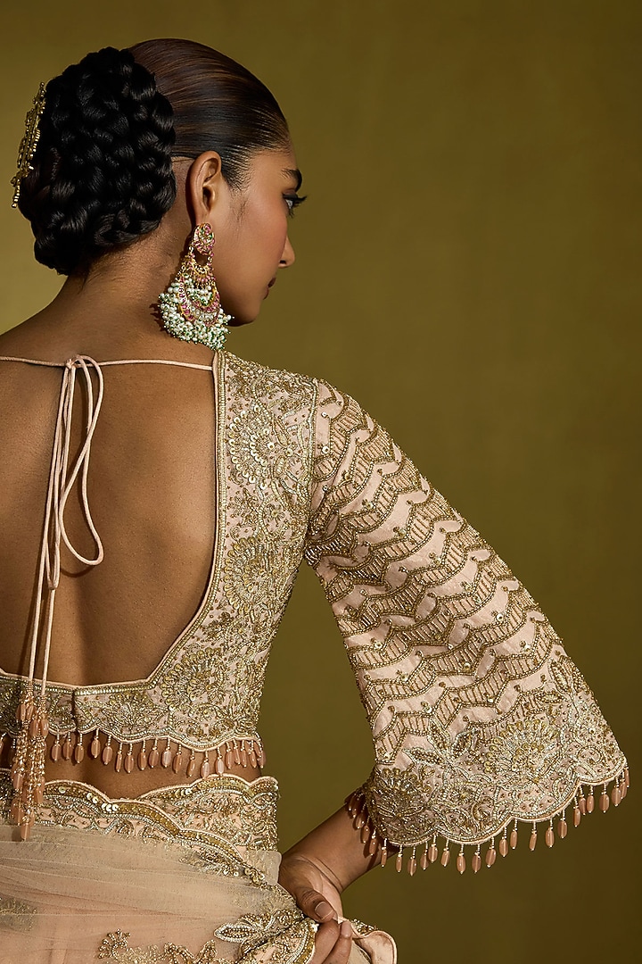 Peach Gold Gossamer Net Embroidered Reception Saree Set by Sureena Chowdhri at Pernia's Pop Up Shop