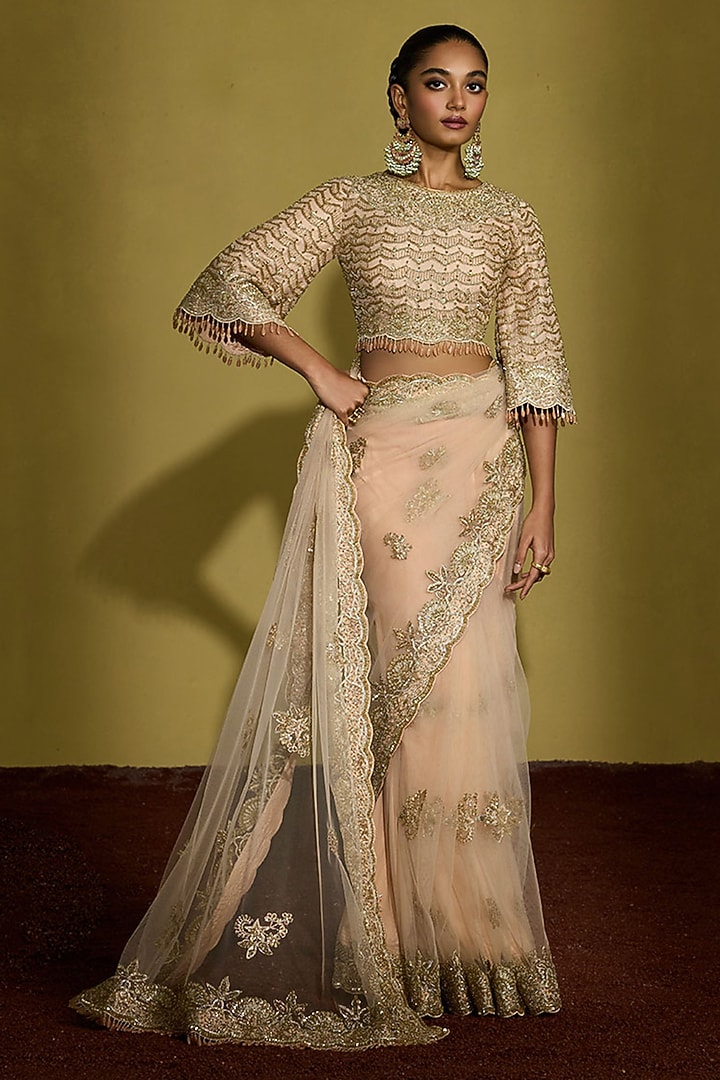 Peach Gold Gossamer Net Embroidered Reception Saree Set by Sureena Chowdhri at Pernia's Pop Up Shop