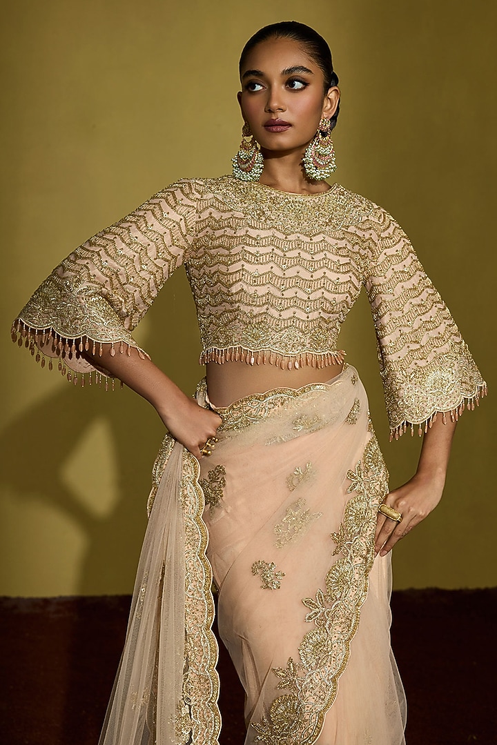 Peach Gold Gossamer Net Embroidered Reception Saree Set by Sureena Chowdhri at Pernia's Pop Up Shop
