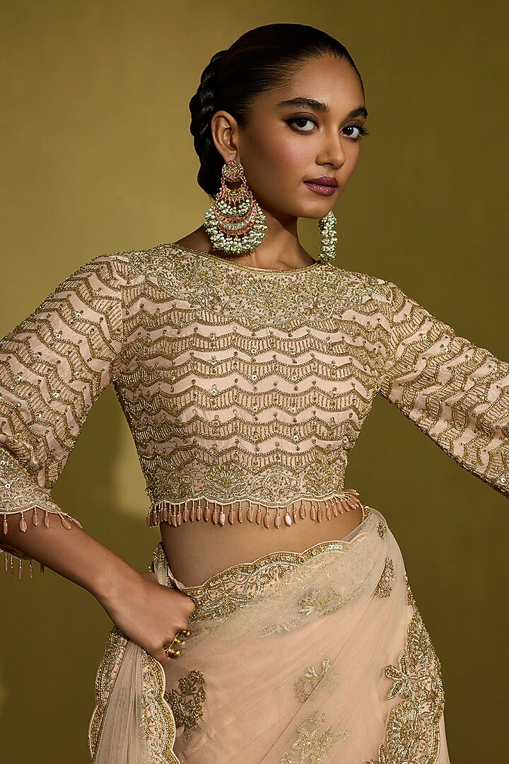 Peach Gold Gossamer Net Embroidered Reception Saree Set by Sureena Chowdhri at Pernia's Pop Up Shop
