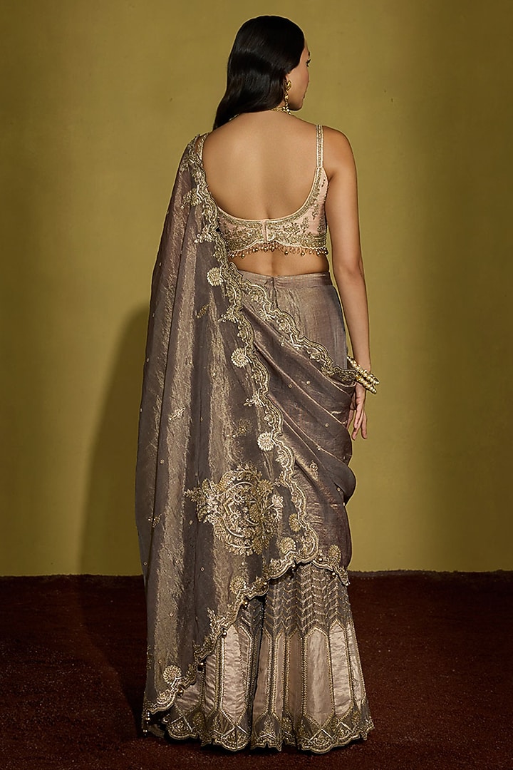 Peach & Wine Tissue Silk Patchwork Draped Sharara Reception Saree Set by Sureena Chowdhri at Pernia's Pop Up Shop